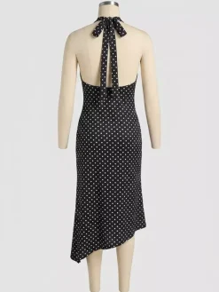 Robe de soirée midi noire à pois dos nu sans manches style semi-formel idéale pour l'été.
