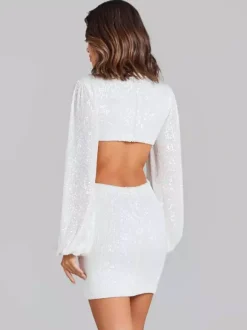 Robe de soirée mini blanche à sequins col V manches longues croisées bouffantes style décontracté/semi-formel