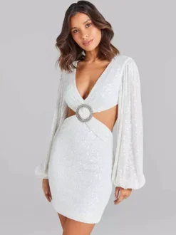 Robe de soirée mini blanche à sequins col V manches longues croisées bouffantes style décontracté/semi-formel