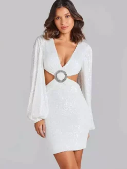 Robe de soirée mini blanche à sequins col V manches longues croisées bouffantes style décontracté/semi-formel