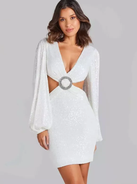 Robe de soirée mini blanche à sequins col V manches longues croisées bouffantes style décontracté/semi-formel