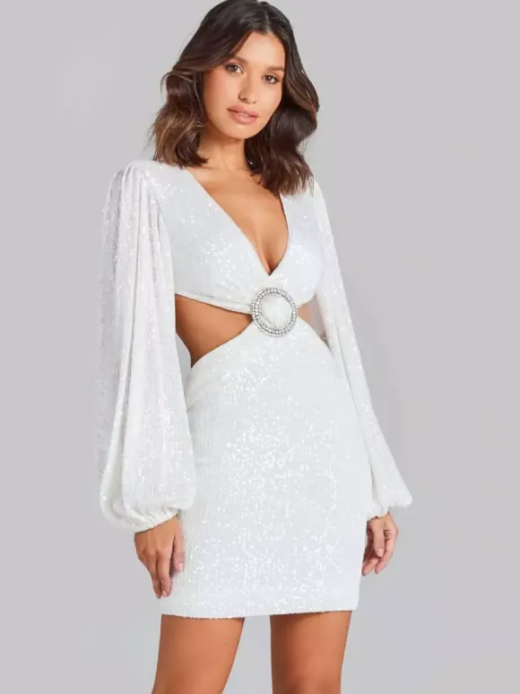 Robe de soirée mini blanche à sequins col V manches longues croisées bouffantes style décontracté/semi-formel