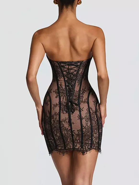 Robe de soirée mini bordeaux sans bretelles à lacets dos nu sexy et semi-formelle