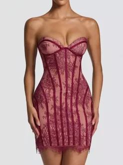 Robe de soirée mini bordeaux sans bretelles à lacets dos nu sexy et semi-formelle