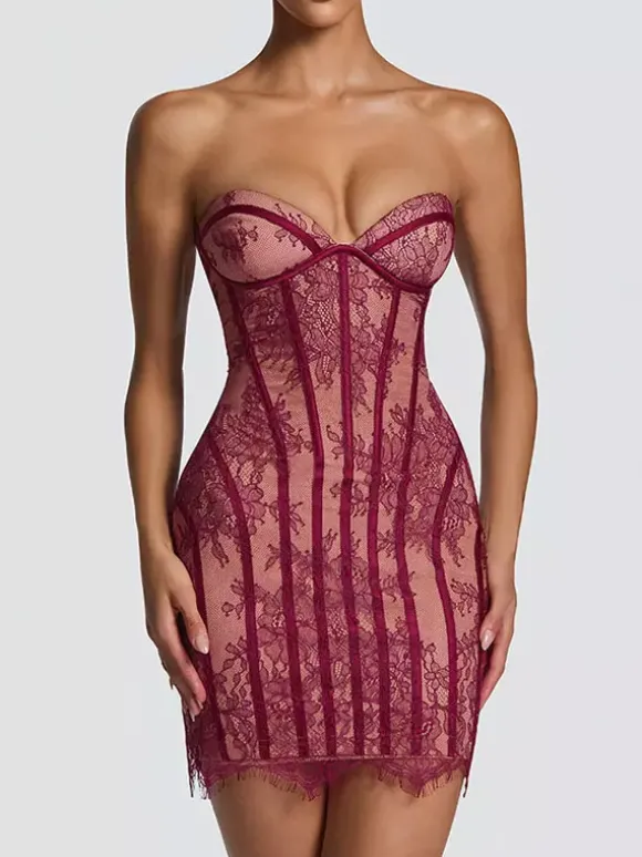 Robe de soirée mini bordeaux sans bretelles à lacets dos nu sexy et semi-formelle