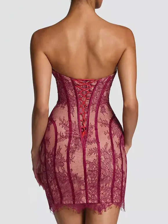 Robe de soirée mini bordeaux sans bretelles à lacets dos nu sexy et semi-formelle