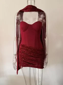Robe de soirée mini corset à sequins avec foulard pour femme 2026