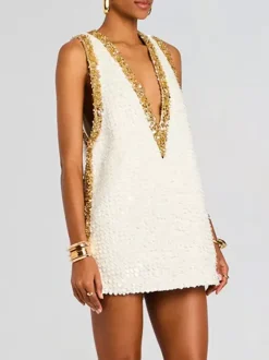 Robe de soirée mini dorée à sequins col en V sans manches sexy et semi-formelle
