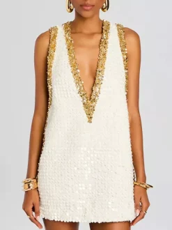 Robe de soirée mini dorée à sequins col en V sans manches sexy et semi-formelle