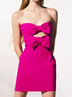 Robe de soirée mini dos nu à n艙uds fermeture éclair sans manches bustier élégante robe rose