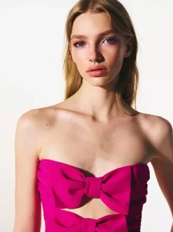 Robe de soirée mini dos nu à n艙uds fermeture éclair sans manches bustier élégante robe rose