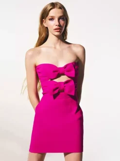Robe de soirée mini dos nu à n艙uds fermeture éclair sans manches bustier élégante robe rose