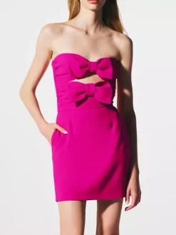 Robe de soirée mini dos nu à n艙uds fermeture éclair sans manches bustier élégante robe rose