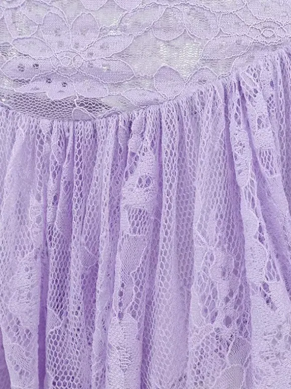 Robe de soirée mini en dentelle asymétrique sans manches à bretelles décolleté sexy violette