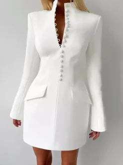 Robe de soirée mini élégante à col V poches boutonnées et coupe ajustée