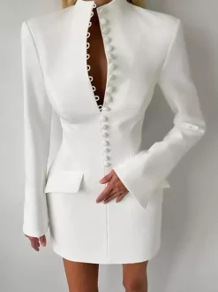 Robe de soirée mini élégante à col V poches boutonnées et coupe ajustée
