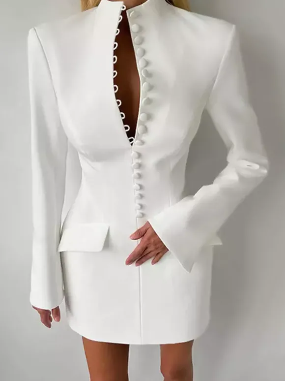 Robe de soirée mini élégante à col V poches boutonnées et coupe ajustée