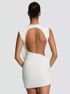 Robe de soirée mini marron à col rond plissé sans manches dos nu sexy et semi-formelle