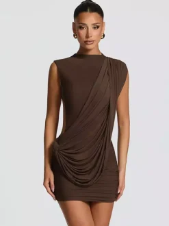 Robe de soirée mini marron à col rond plissé sans manches dos nu sexy et semi-formelle