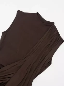 Robe de soirée mini marron à col rond plissé sans manches dos nu sexy et semi-formelle