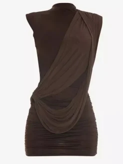 Robe de soirée mini marron à col rond plissé sans manches dos nu sexy et semi-formelle