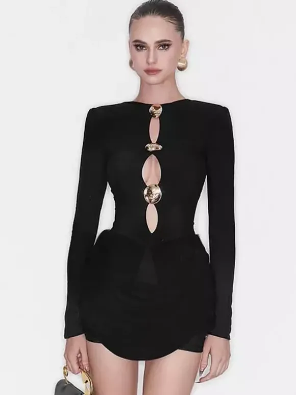 Robe de soirée mini noire à col bijou et manches longues découpées robe sexy semi-formelle
