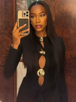 Robe de soirée mini noire à col bijou et manches longues découpées robe sexy semi-formelle
