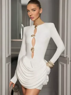 Robe de soirée mini noire à col bijou et manches longues découpées robe sexy semi-formelle