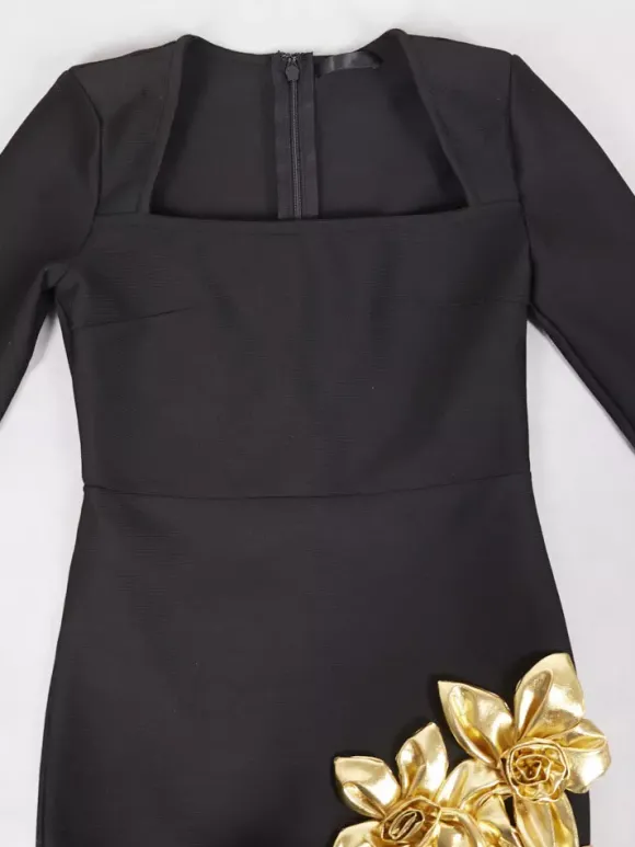 Robe de soirée mini noire à col rond et manches longues ornée de fleurs style semi-formel et sexy