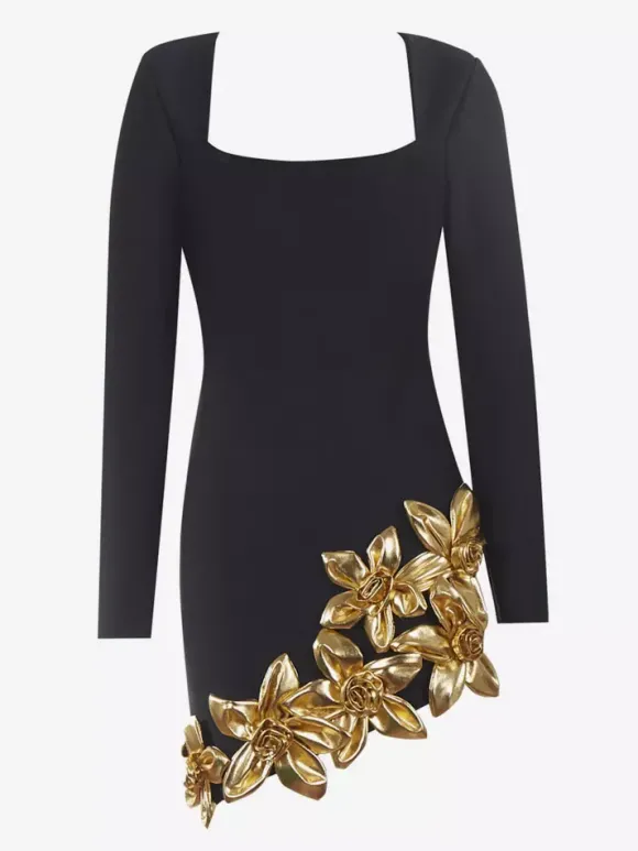 Robe de soirée mini noire à col rond et manches longues ornée de fleurs style semi-formel et sexy