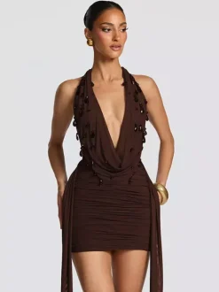 Robe de soirée mini noire à col V lacé sans manches dos nu robe sexy semi-formelle