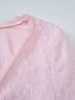 Robe de soirée mini rose à col V en dentelle manches longues plissées robe semi-formelle élégante