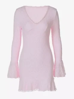 Robe de soirée mini rose à col V en dentelle manches longues plissées robe semi-formelle élégante