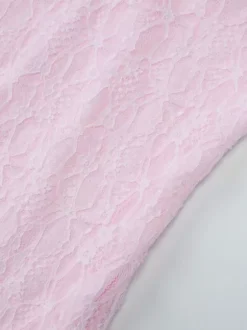 Robe de soirée mini rose à col V en dentelle manches longues plissées robe semi-formelle élégante
