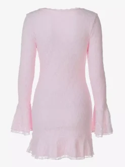 Robe de soirée mini rose à col V en dentelle manches longues plissées robe semi-formelle élégante