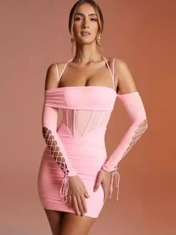 Robe de soirée mini sans manches à col carré sexy bleue