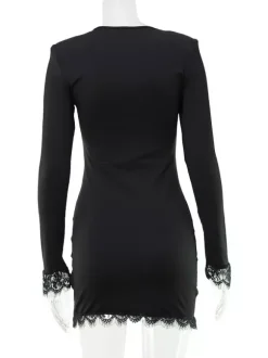 Robe de soirée moulante mini à manches longues et col en V ornée de dentelle pour femme 2026