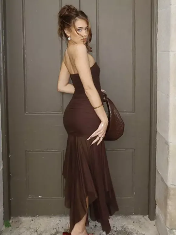Robe de soirée noire en polyester sans manches et sans bretelles robe d'été