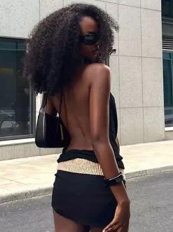 Robe de soirée noire moulante mini à dos nu et ornée de rivets tenue de boîte de nuit