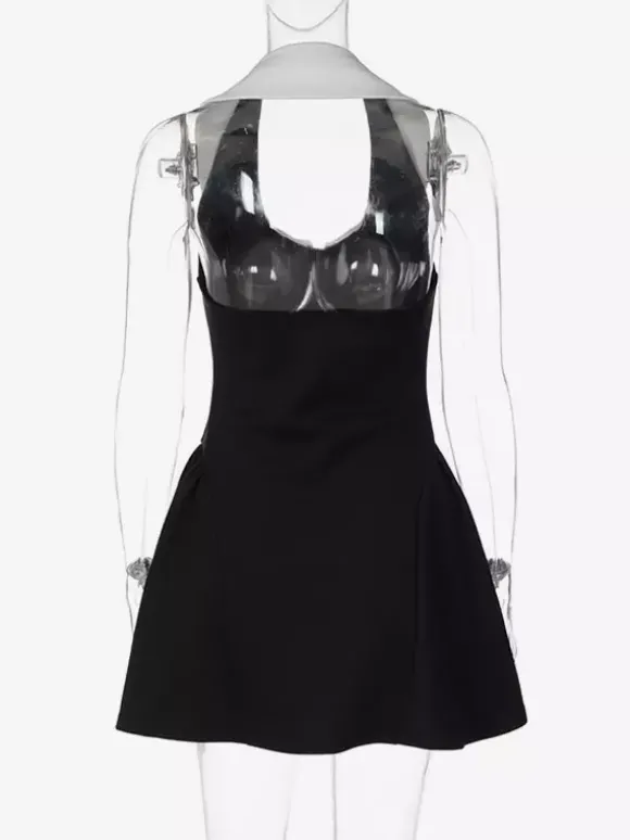 Robe de soirée noire sans manches color block élégante semi-formelle taille haute coupe trapèze mini-robe