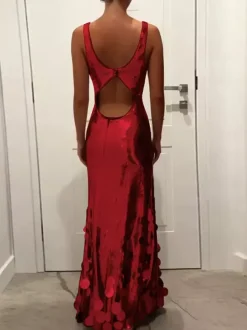 Robe de soirée pour femme col rond volants sexy sans manches dorée