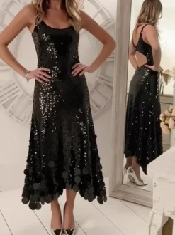 Robe de soirée pour femme col rond volants sexy sans manches dorée