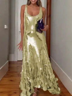 Robe de soirée pour femme col rond volants sexy sans manches dorée
