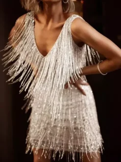 Robe de soirée pour femme col V sequins chics sans manches dos nu en polyester argenté robe sexy.