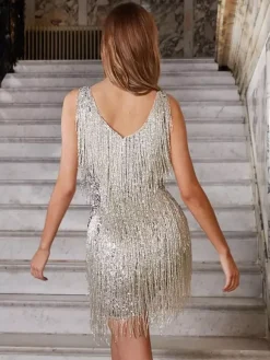Robe de soirée pour femme col V sequins chics sans manches dos nu en polyester argenté robe sexy.