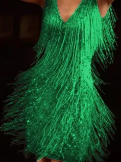 Robe de soirée pour femme col V sequins chics sans manches dos nu en polyester argenté robe sexy.