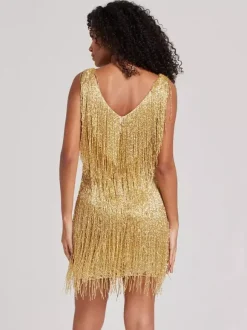 Robe de soirée pour femme col V sequins chics sans manches dos nu en polyester argenté robe sexy.