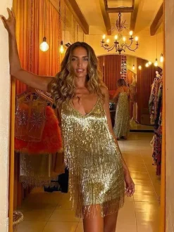 Robe de soirée pour femme dorée col en V franges sans manches dos nu sexy