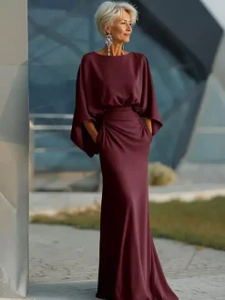 Robe de soirée pour la mère de la mariée col rond manches 3/4 robe de bal plissée avec traîne robe d'invitée pour un mariage