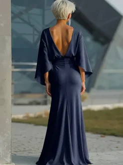 Robe de soirée pour la mère de la mariée col rond manches 3/4 robe de bal plissée avec traîne robe d'invitée pour un mariage